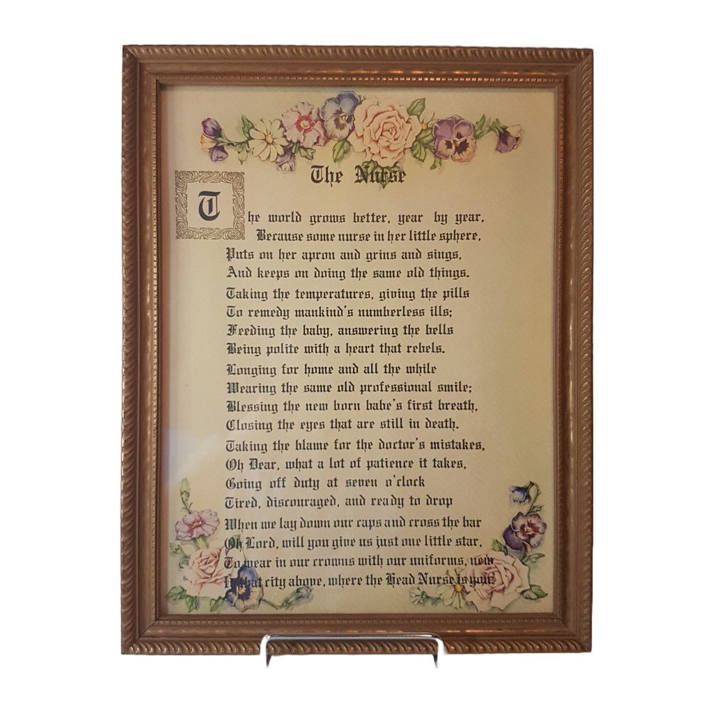 Vintage 1950s Nurse's Prayer Framed Calligraphy Artwork Art Nurse Nursing Floral